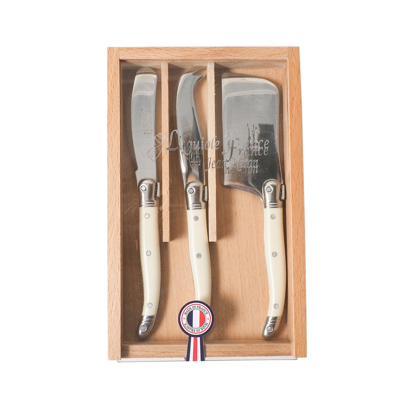 Laguiole Mini Ivory Cheese Set in Wooden Box with Acrylic Lid (3-piece set)
