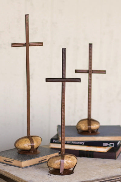 Set of 3 Metal Crosses w/ Caged Rock Base