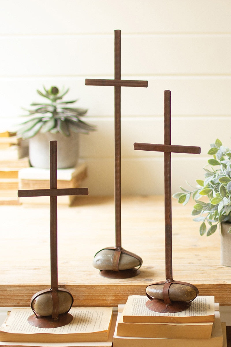 Set of 3 Metal Crosses w/ Caged Rock Base