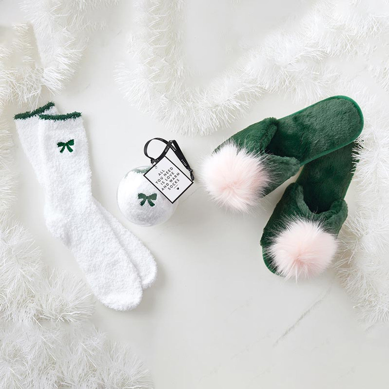 Cozy Socks in Ornament -  White with Green Bow/Trim