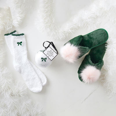 Cozy Socks in Ornament -  White with Green Bow/Trim