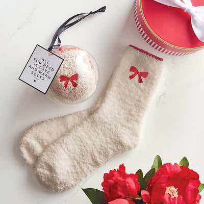 Cozy Socks in Ornament -  Beige with Red Bow/Trim
