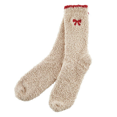 Cozy Socks in Ornament -  Beige with Red Bow/Trim