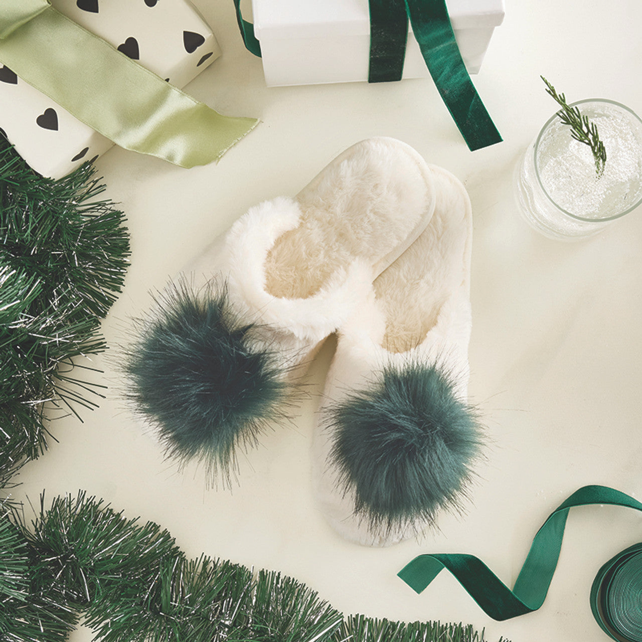 Plush Slippers - Ivory & Forest Green Pom Pom