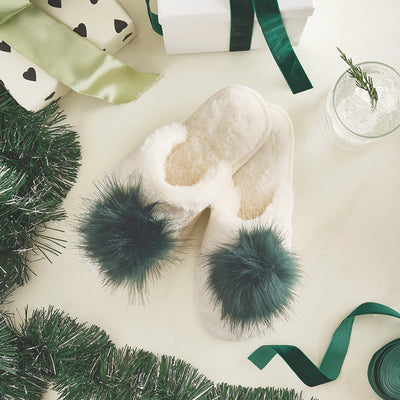 Plush Slippers - Ivory & Forest Green Pom Pom