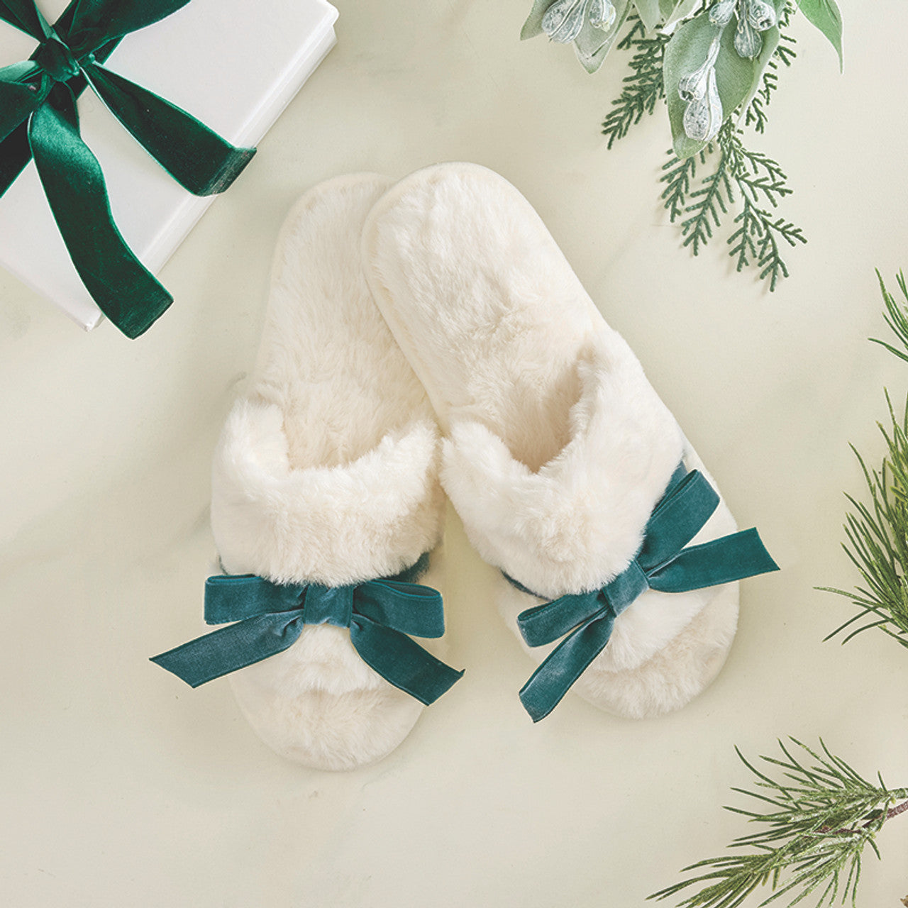 Plush Velvet Bow Slippers - Ivory + Forest Green Velvet Bow