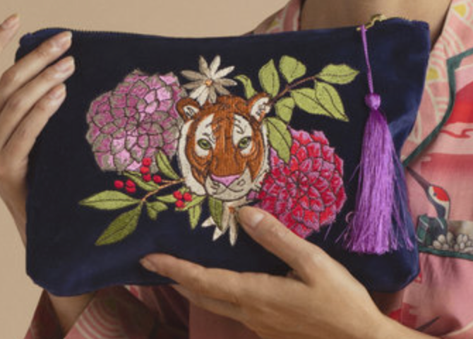 Velvet Zip Pouch-Floral Tigar Face in Indigo