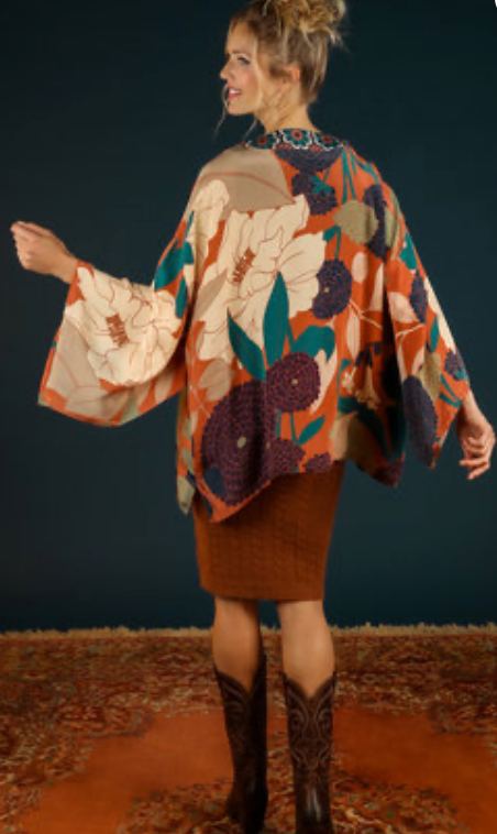Winter Floral Kimono Jacket- Terracotta