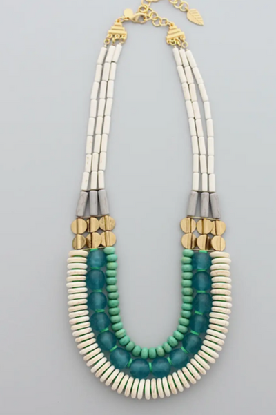 GND520 Triple Strand White, Aqua Ghana Glass and Turquoise Necklace