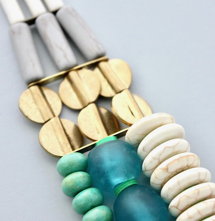 GND520 Triple Strand White, Aqua Ghana Glass and Turquoise Necklace