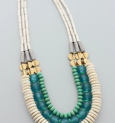 GND520 Triple Strand White, Aqua Ghana Glass and Turquoise Necklace