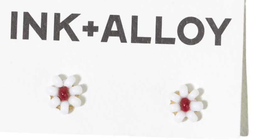 TINA Two Colored Beaded White/Dark Red Post Earrings