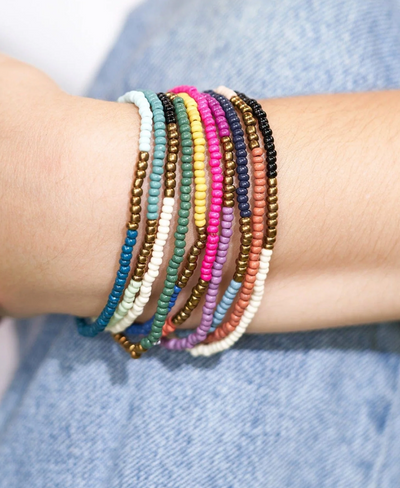 Sage Color Block Beaded 10 Strand Stretch Bracelet in Gold