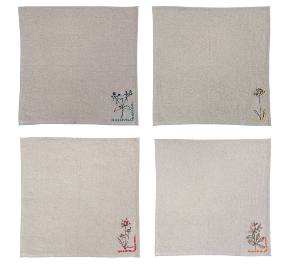 S/4 18" Square Cotton & Linen Embroidered Napkin