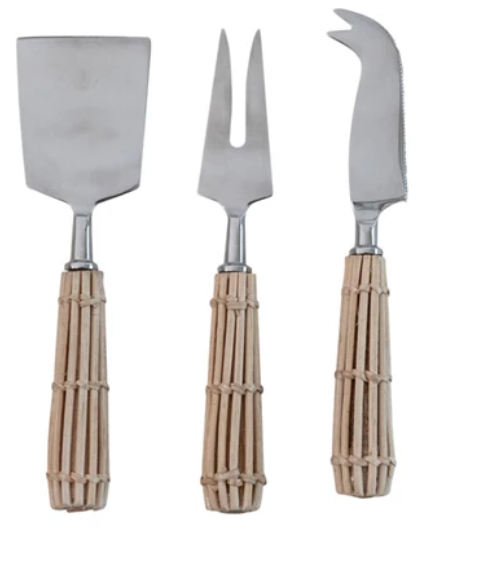 Stainless Steel Cheese Knives w/ Rattan Handles