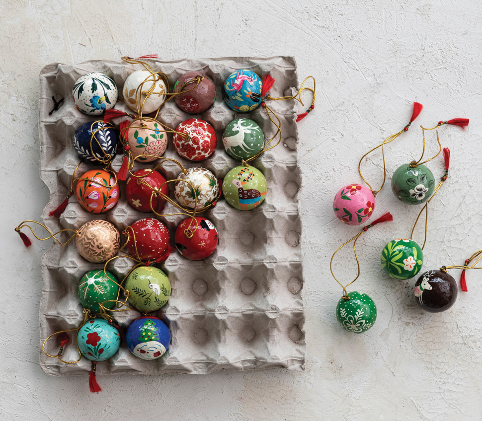Round Hand-Painted Paper Mache Ball Ornaments in Egg Crate