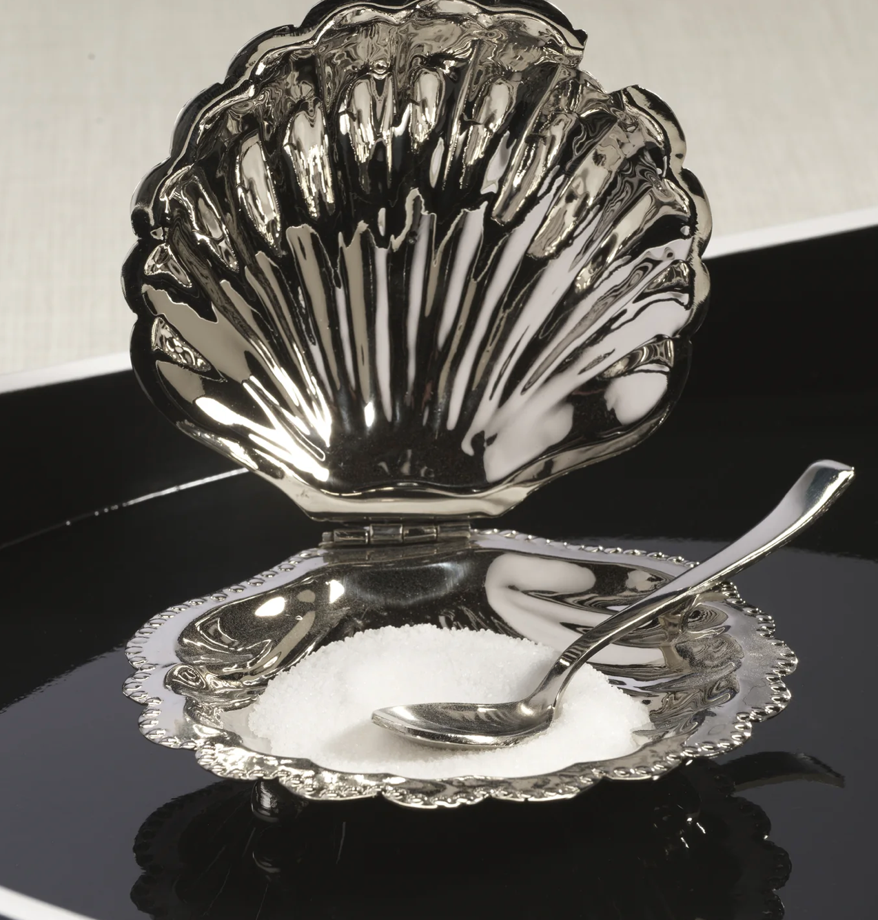 Cap Ferrat Fan Shell Lidded Bowl with Spoon-Polished Nickel