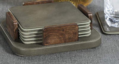 Sotto Leather with Burl Veneer Coaster Set of 6 - Cedar Green