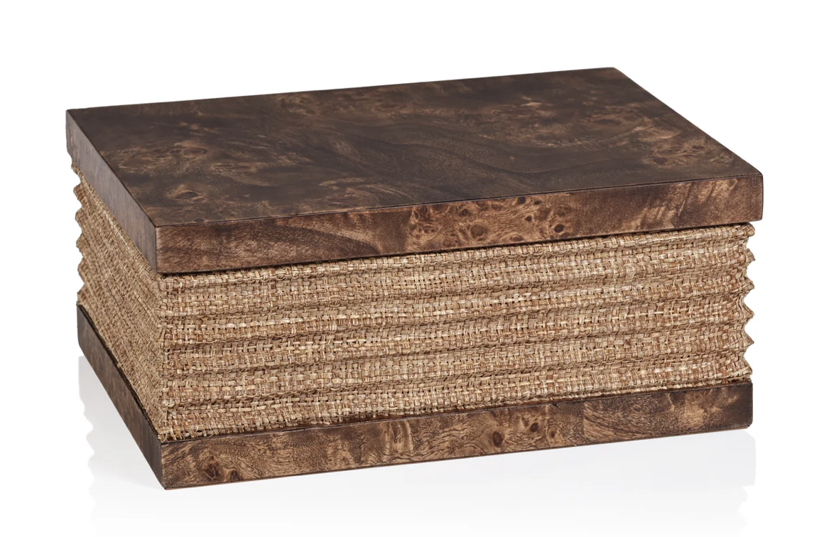 Rosso Burl Wood and Raffia Box-Small