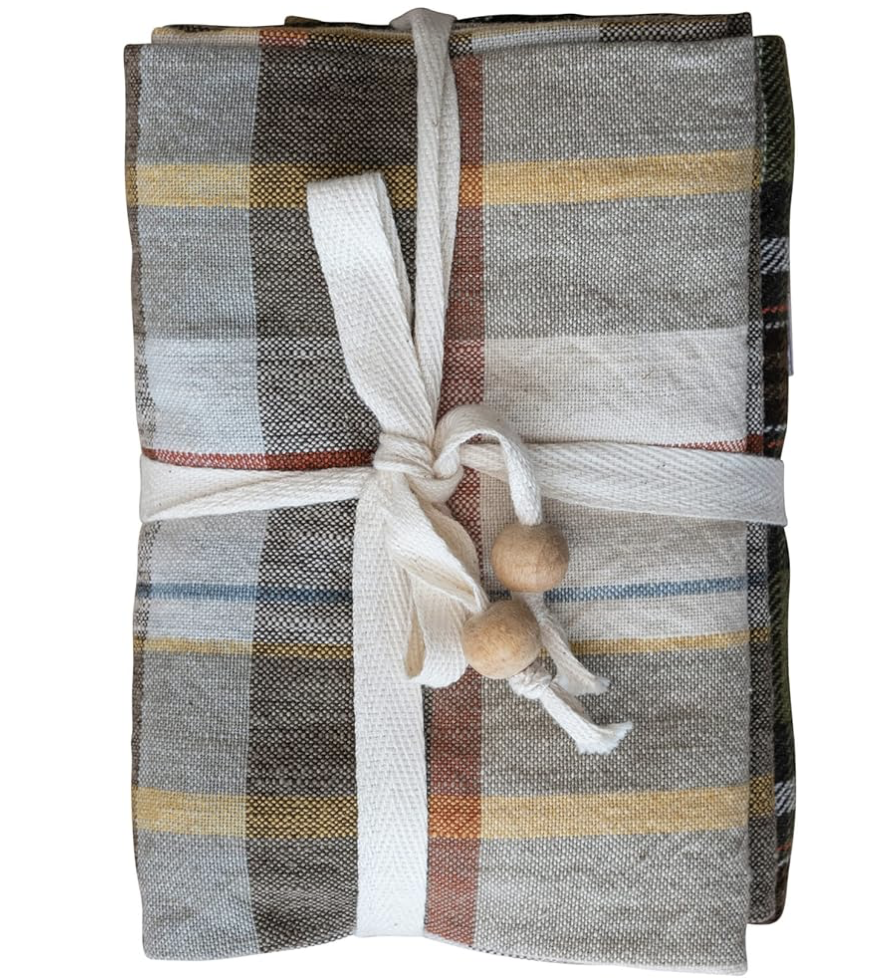 S/3 Cotton Printed Tea Towels w/ Wooden Beads