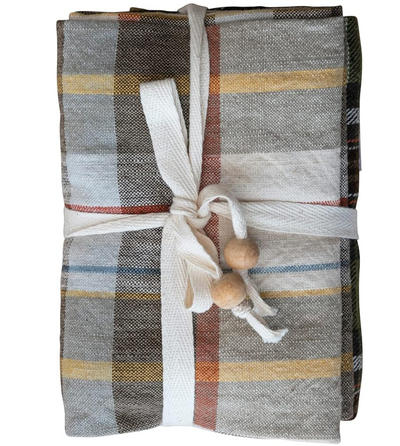 S/3 Cotton Printed Tea Towels w/ Wooden Beads