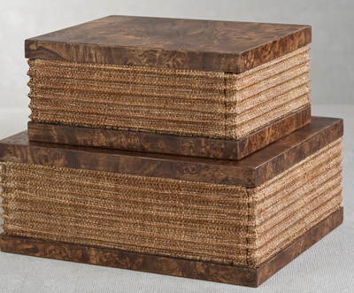 Rosso Burl Wood and Raffia Box-Small