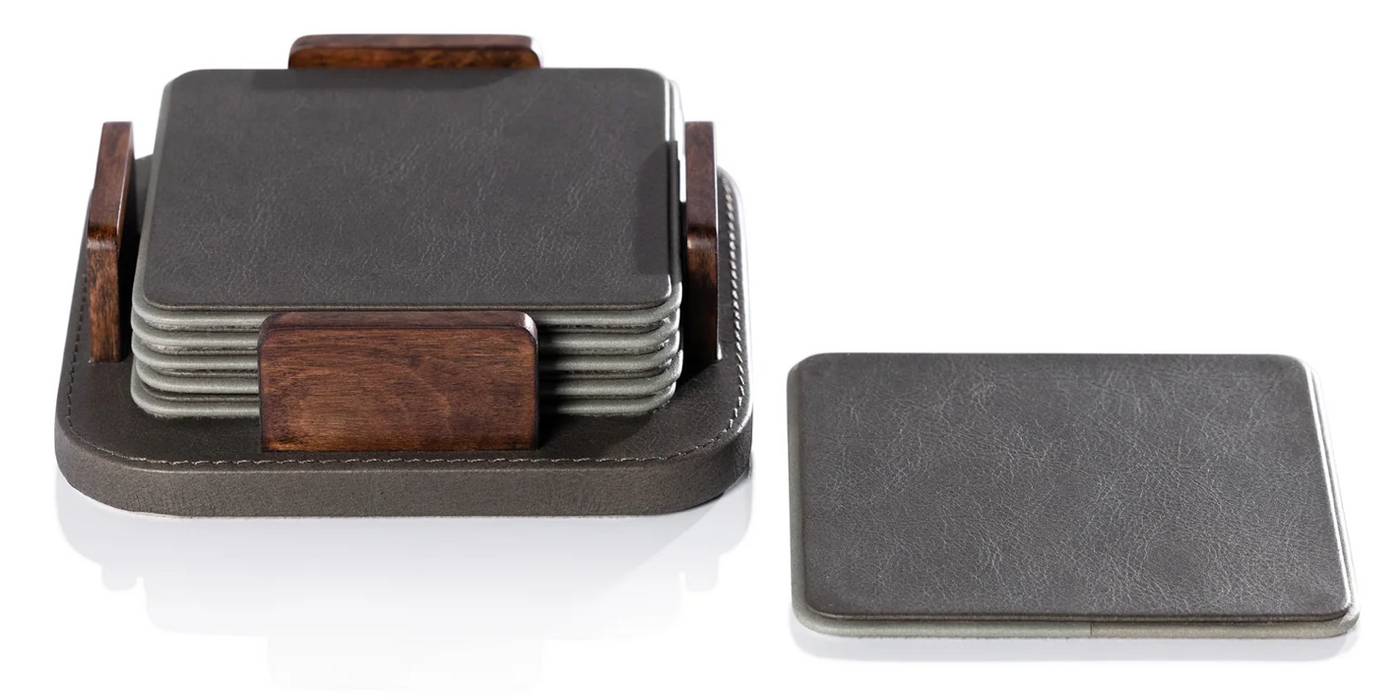 Sotto Leather with Burl Veneer Coaster Set of 6 - Cedar Green