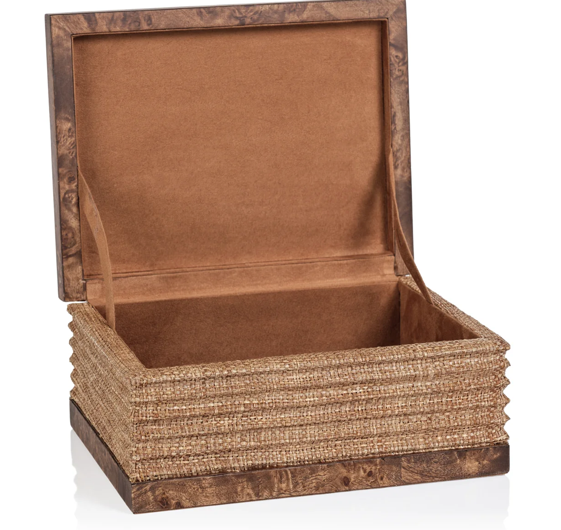 Rosso Burl Wood and Raffia Box-Small