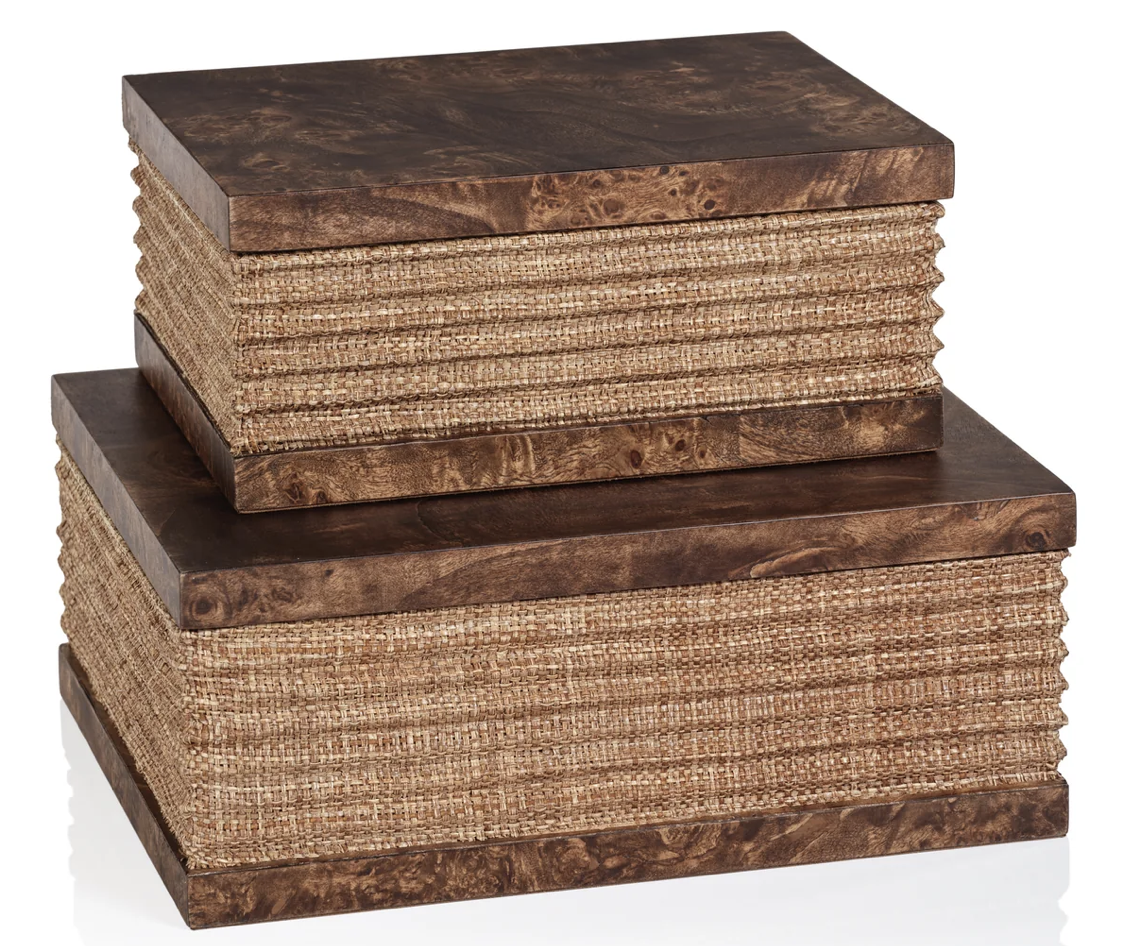 Rosso Burl Wood and Raffia Box-Large