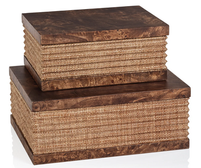 Rosso Burl Wood and Raffia Box-Large