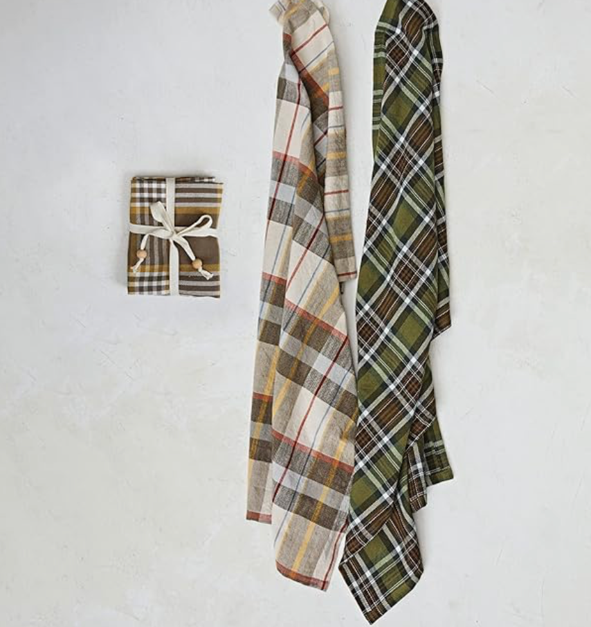 S/3 Cotton Printed Tea Towels w/ Wooden Beads