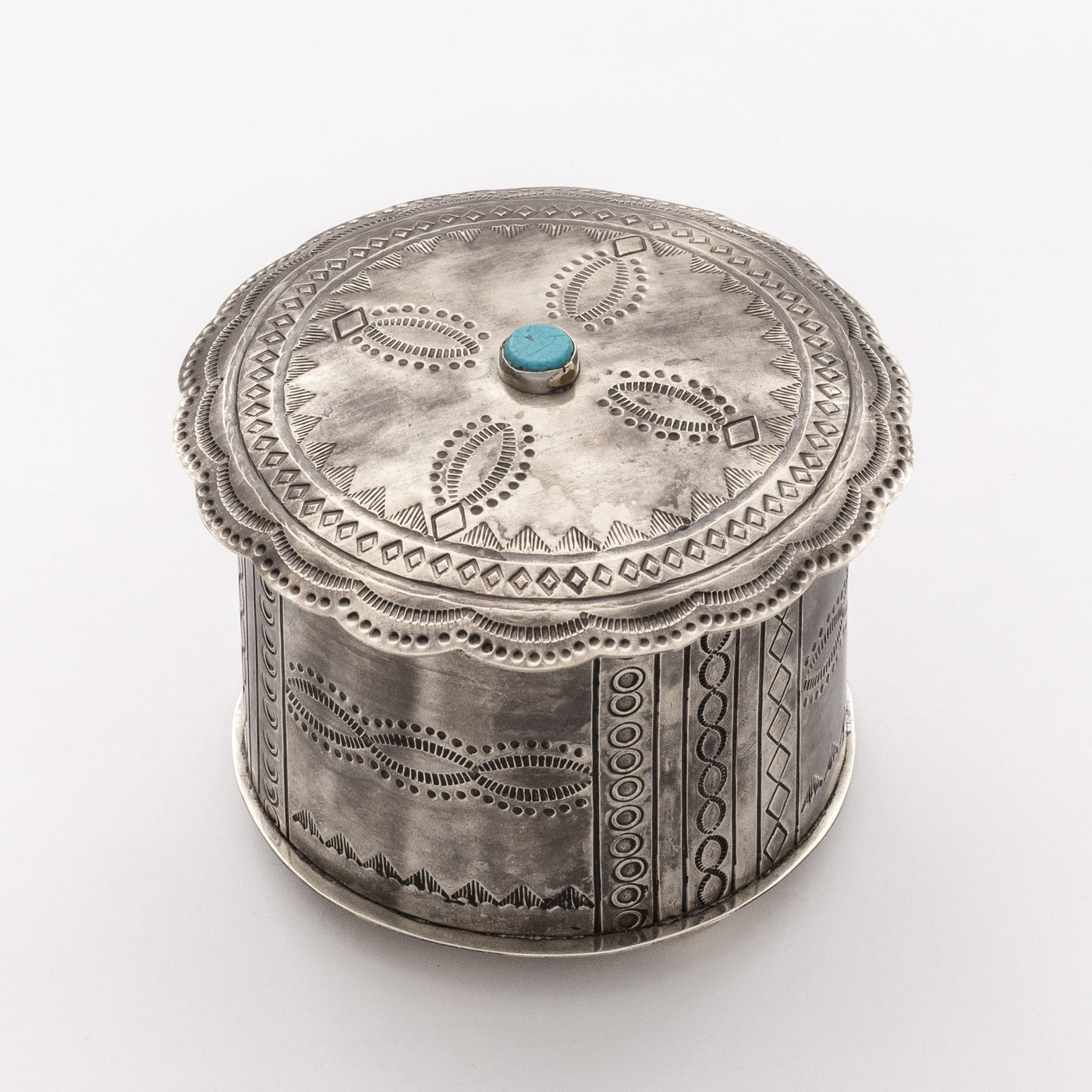 J. Alexander - Stamped Round Box with Scalloped Lid & Turquoise Stone
