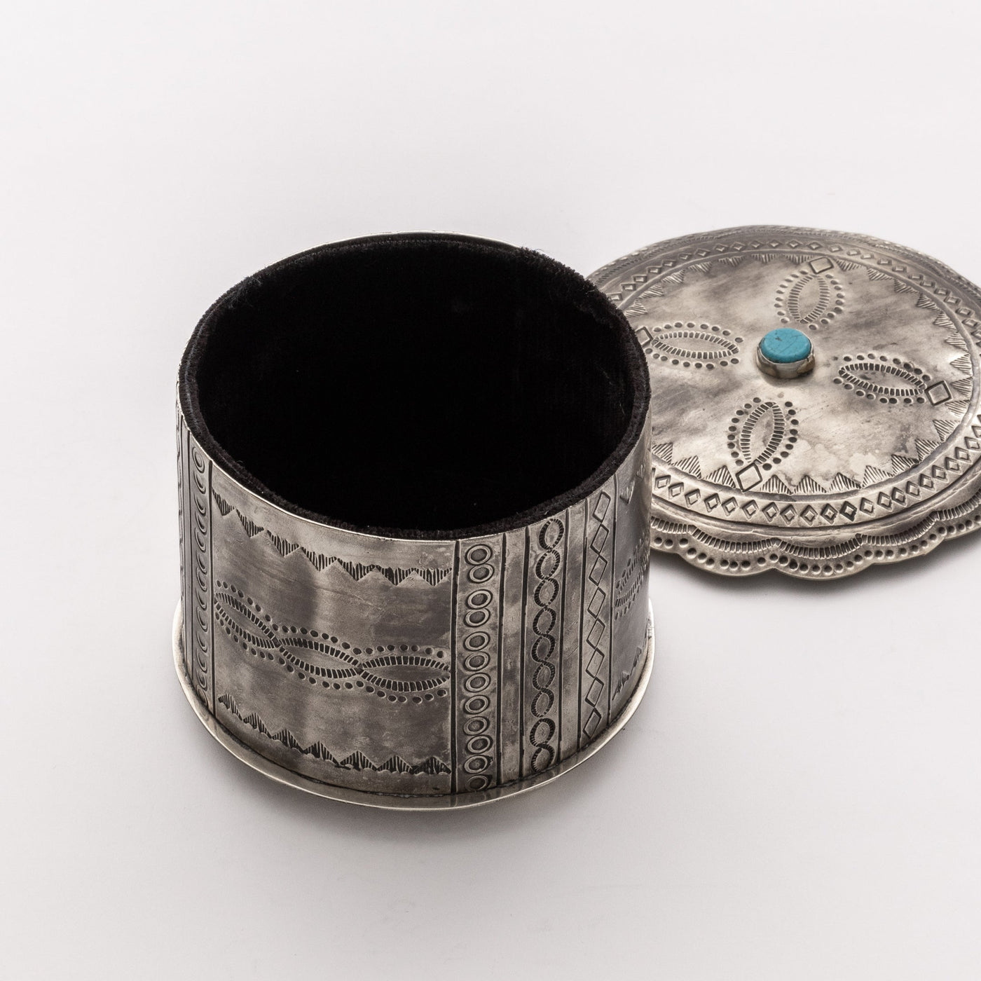 J. Alexander - Stamped Round Box with Scalloped Lid & Turquoise Stone