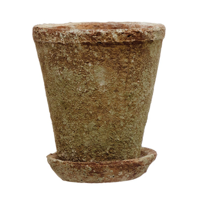5.25" Round x 6"H Distressed Cement Planter with Saucer, Set of 2
