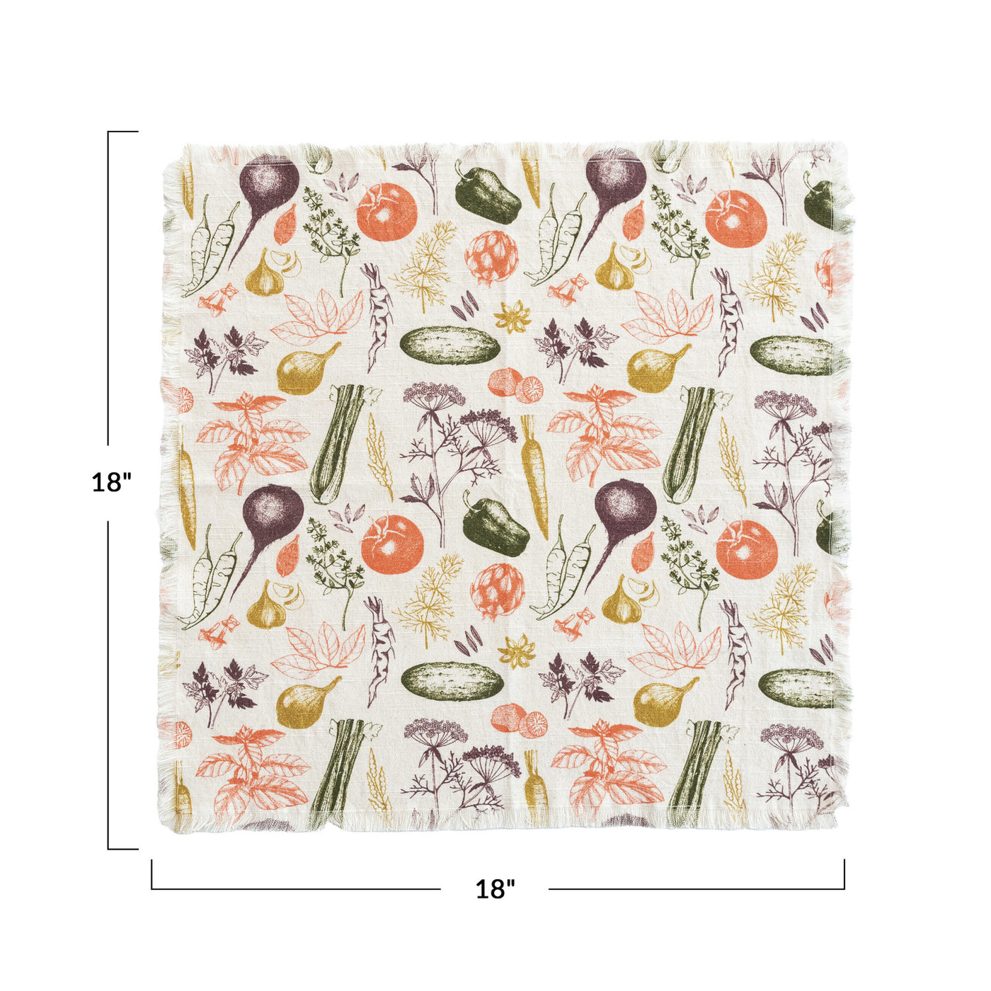 Cotton Slub Printed Napkins w/ Vegetable Pattern & Fringe, Set of 4