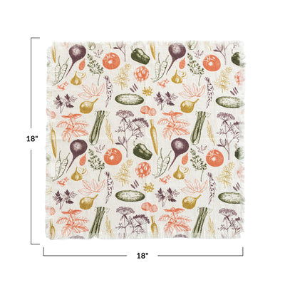 Cotton Slub Printed Napkins w/ Vegetable Pattern & Fringe, Set of 4