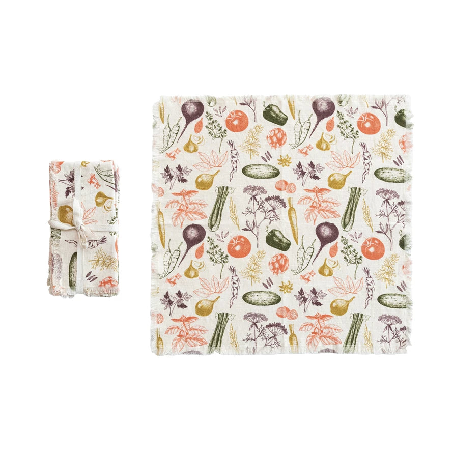Cotton Slub Printed Napkins w/ Vegetable Pattern & Fringe, Set of 4