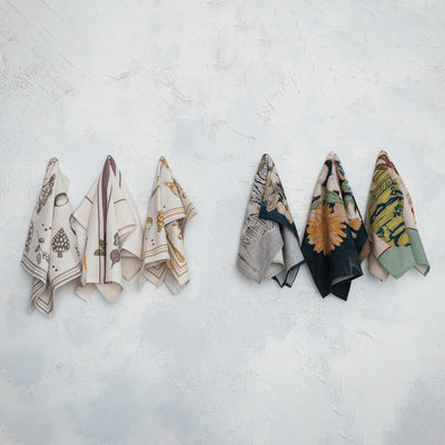 Cotton & Linen Printed Tea Towel w/ Flowers in Vase, 3 Styles