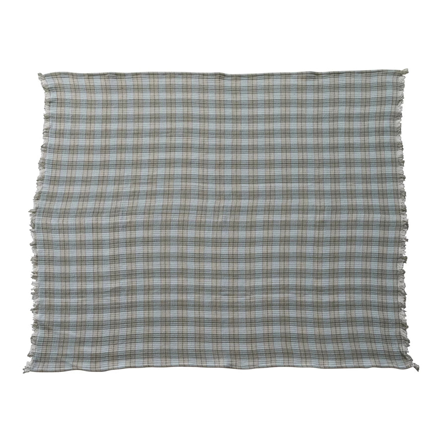 60"L x 50"W Woven Cotton Double Cloth Throw with Frayed Edges Plaid
