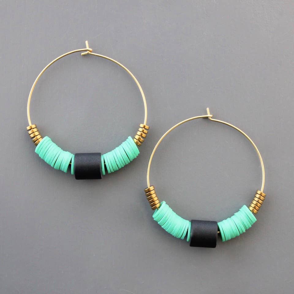 MDSE08 Green, Black, and Brass Hoop Earrings