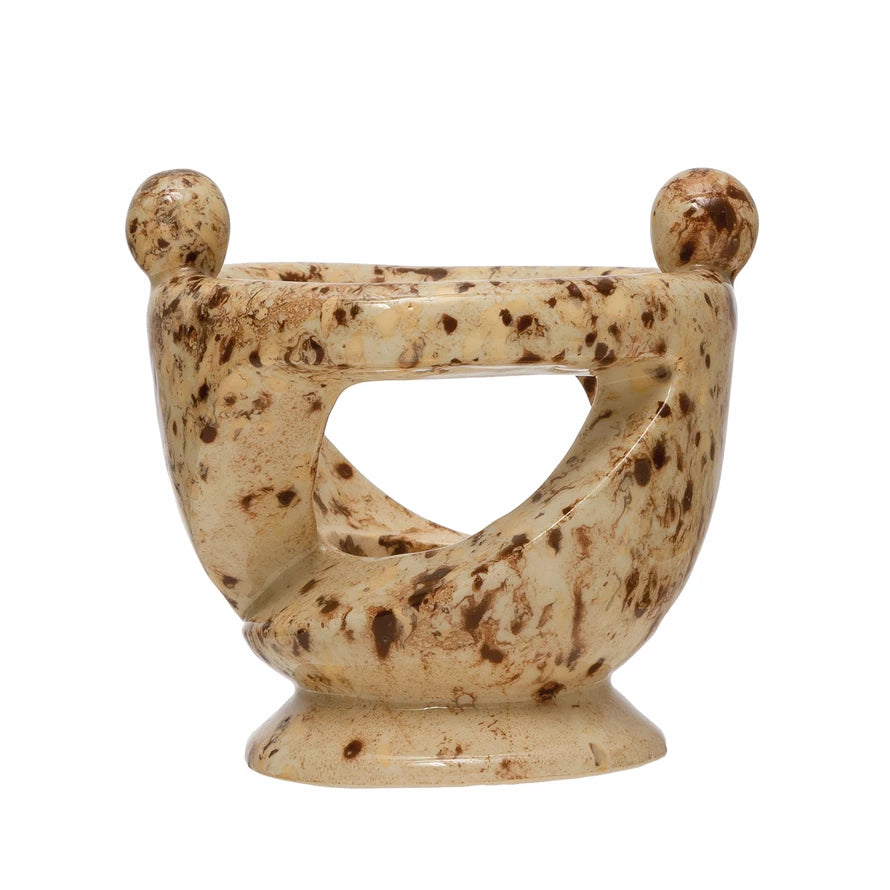 Stoneware Tealight Holder with Hand-in-Hand Figures, Reactive Glaze
