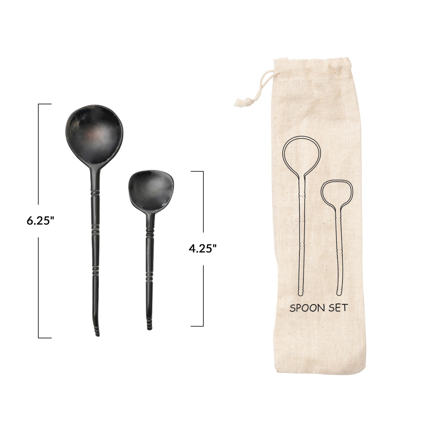 Horn Spoons, Set of 2 in Printed Drawstring Bag