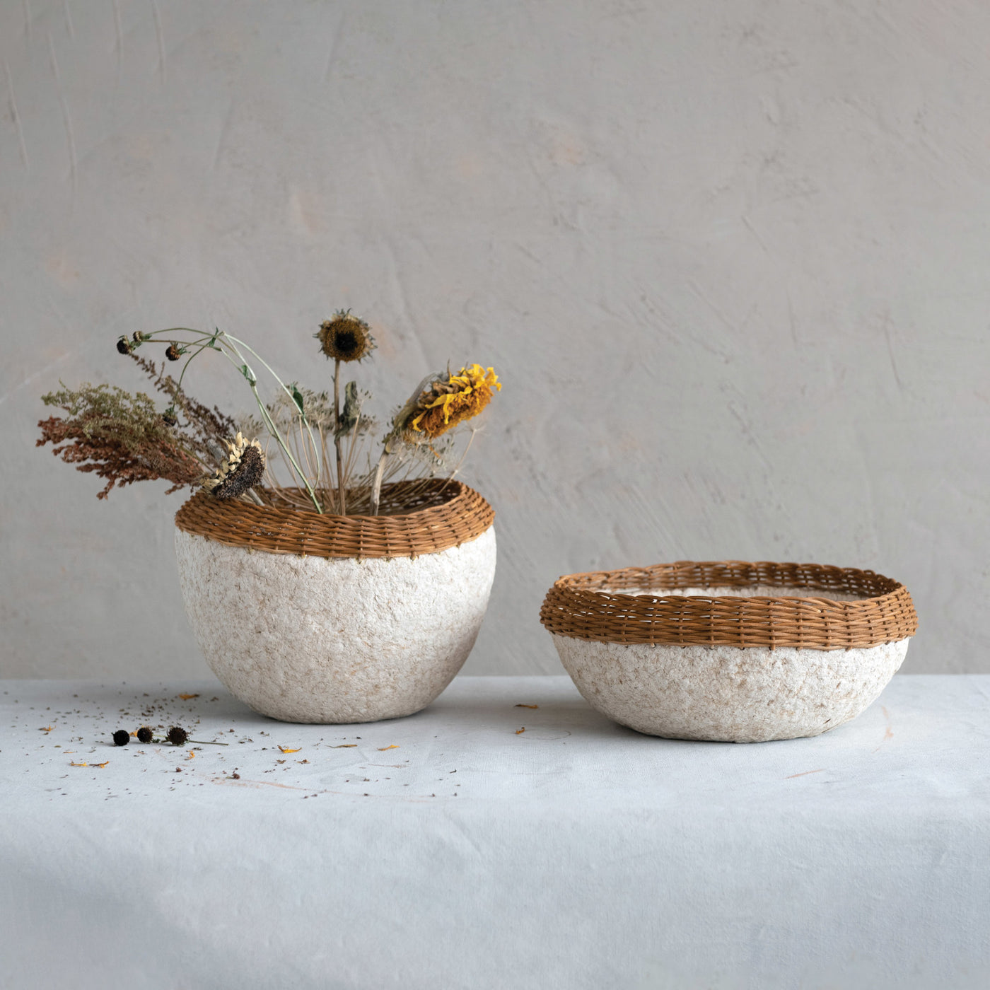 Decorative Handmade Paper Mache Bowl w/ Wicker Rim (Each One Will Vary)